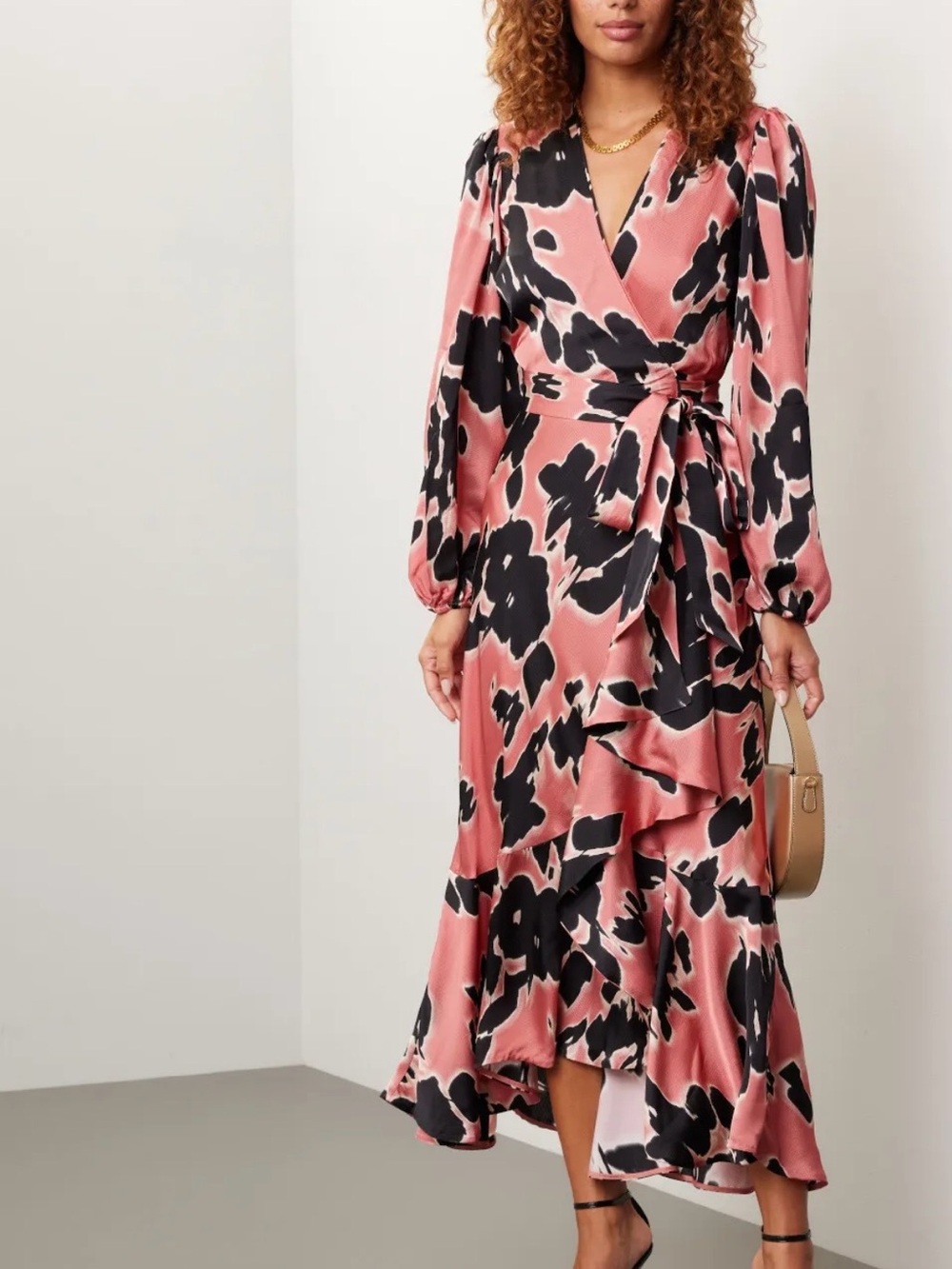 Tanya Taylor Pink and Black Floral Wrap Midi Dress